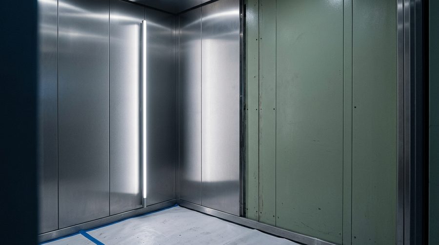 Aufzugskabine während der Modernisierung: neue Edelstahlverkleidung neben alter Wandverkleidung