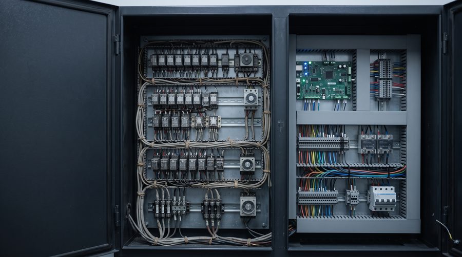 Aufzugssteuerung im Vergleich: älterer Relaisschrank neben einer neuen elektronischen Steuerung