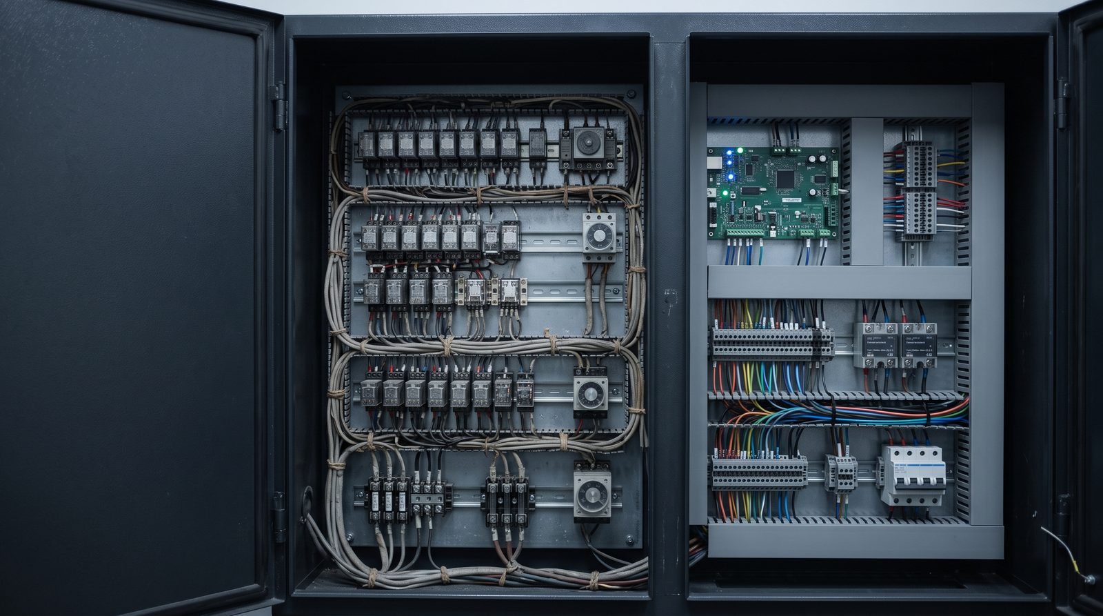 Aufzugssteuerung im Vergleich: älterer Relaisschrank neben einer neuen elektronischen Steuerung