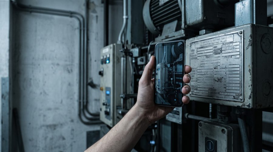 Typenschild einer Aufzugsanlage wird mit dem Smartphone fotografiert
