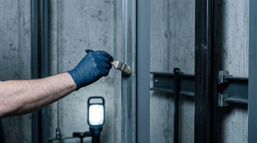 Führungsschiene im Aufzugsschacht wird bei der Wartung mit einem Pinsel behandelt