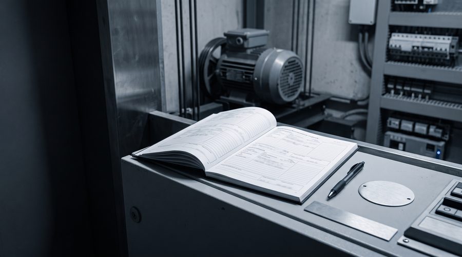 Aufgeschlagenes Wartungsbuch auf dem Steuerschrank