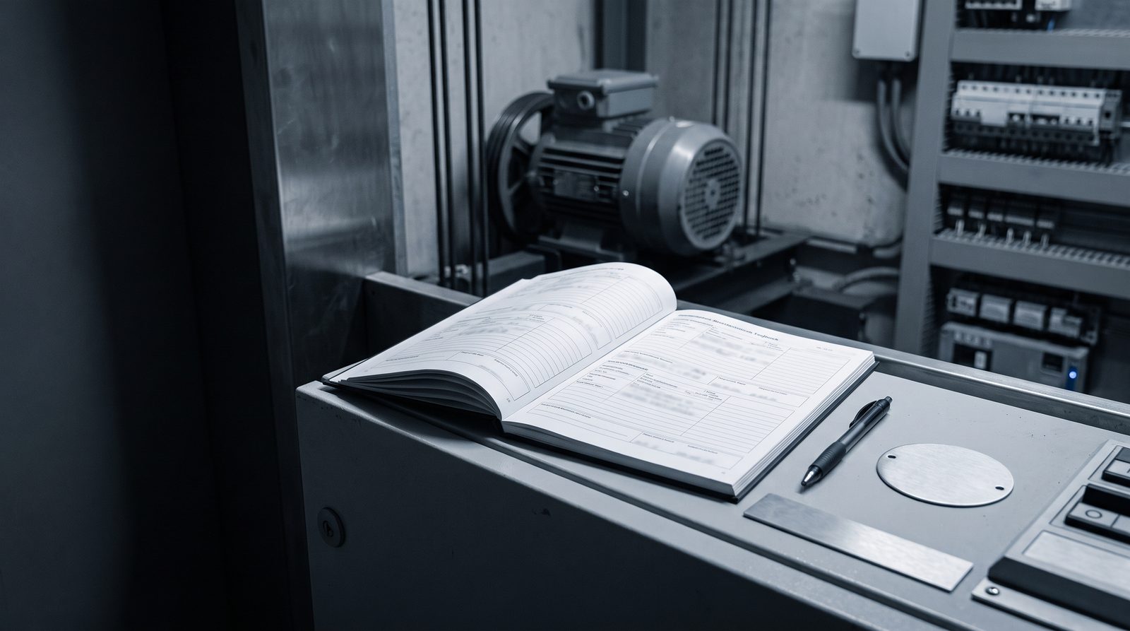 Aufgeschlagenes Wartungsbuch auf dem Steuerschrank im Maschinenraum